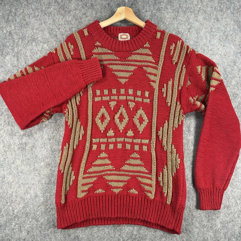 Vintage Banana Republic Sweater Mens Medium Red Cotton Tribal Chunky Crewneck